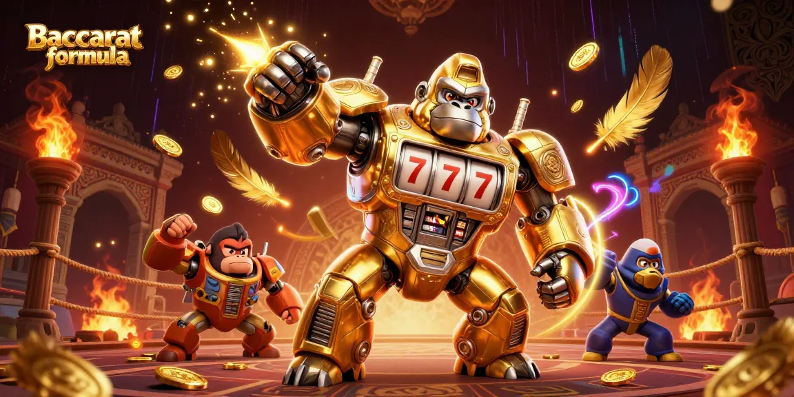 Experience the excitement of Baccarat formula with a dynamic 3D illustration featuring a golden gorilla mech amidst vibrant casino elements.