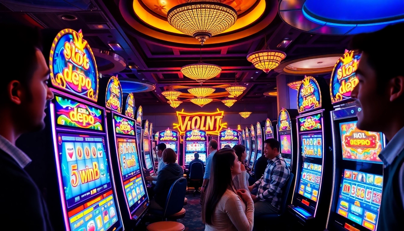 Pemain menikmati kegembiraan Slot Depo 5rb di mesin slot kasino yang penuh warna.