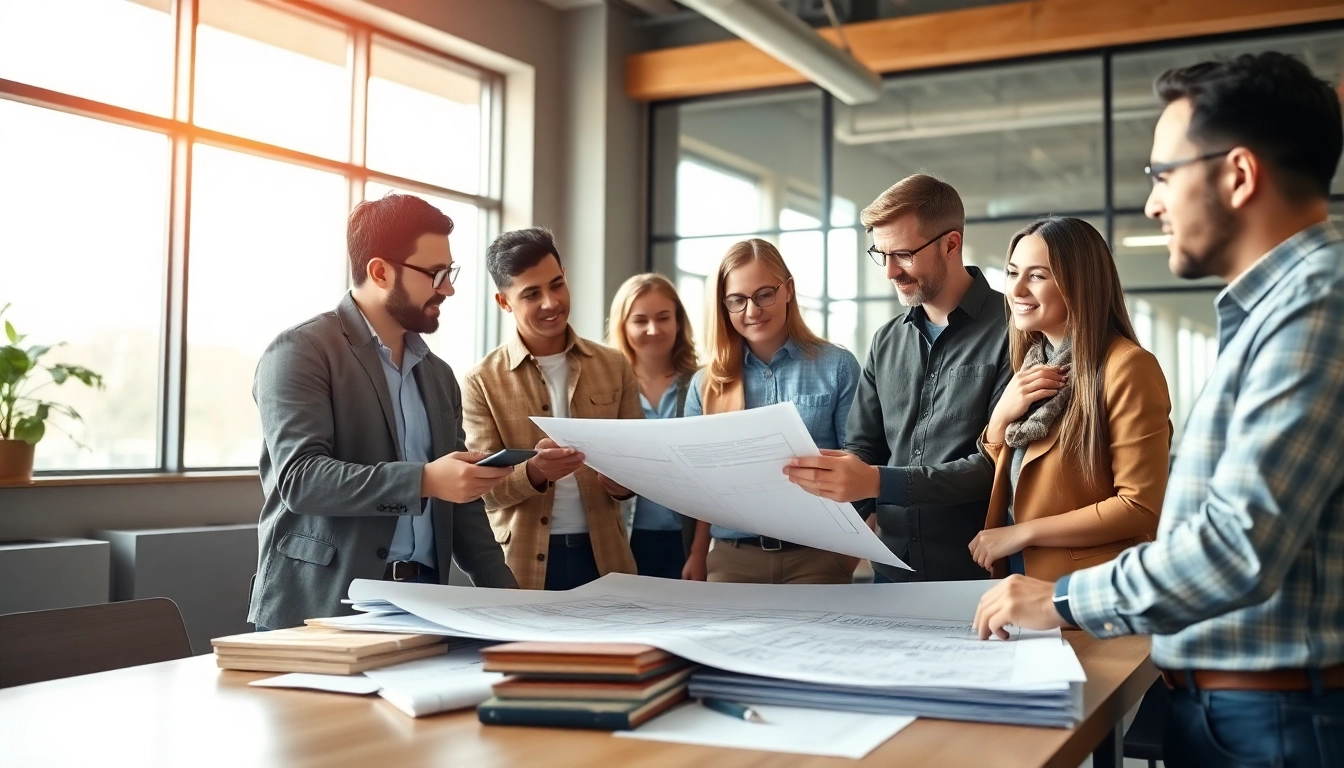 A diverse team from a construction member organization collaborates during a meeting.