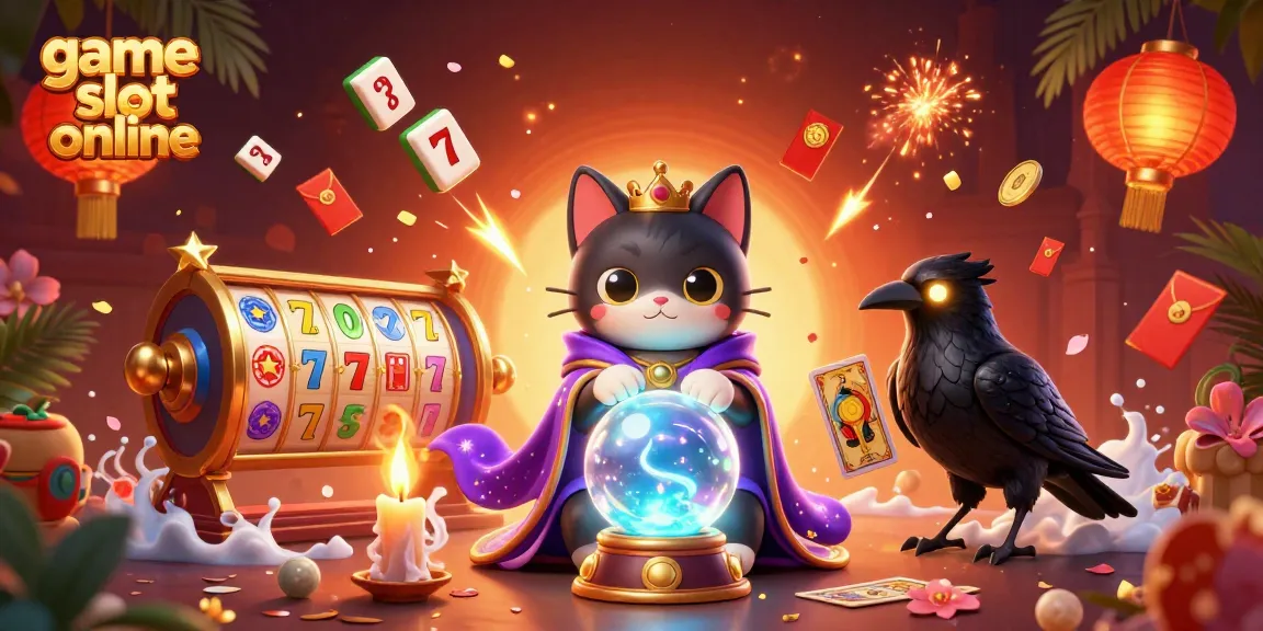 Menggali dunia game slot online dengan ilustrasi karakter kucing mistis dan burung gagak membawa kartu, dikelilingi elemen slot yang menarik.