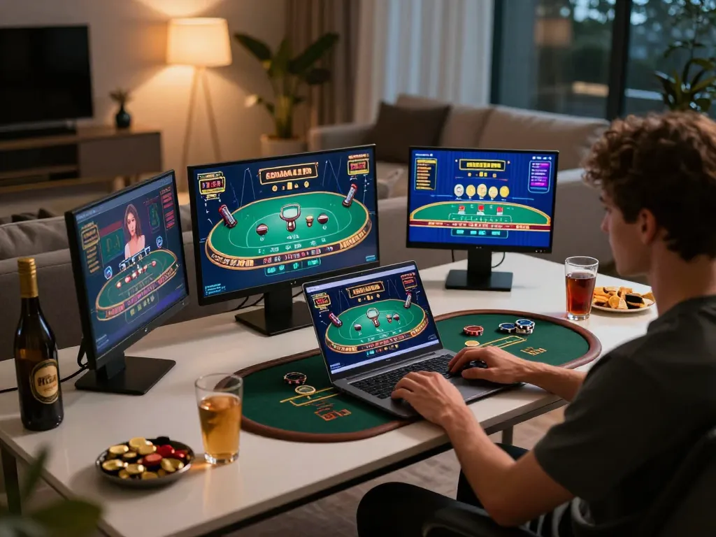 Engaged in online gaming at home, exploring casino esteri per italiani with live dealer blackjack on screen