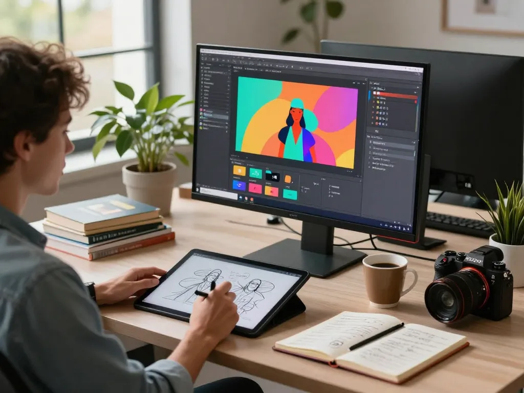 Digital artist generating image to prompt content in a creative workspace with modern tech.