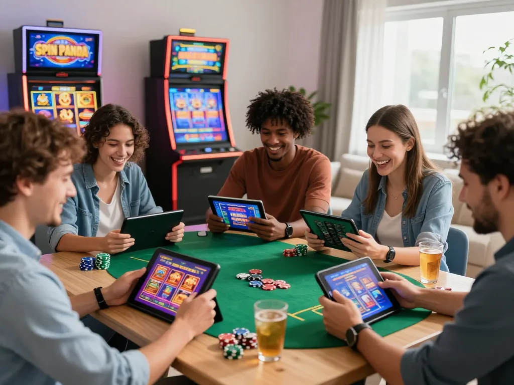 Enjoying spinpanda casino online with friends at home, vibrant gaming scene.