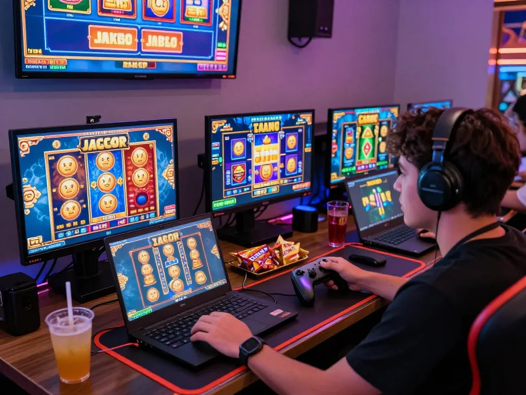 Suasana permainan online dengan pemain yang fokus pada permainan slot gacor, grafik yang cerah, dan pengaturan yang dinamis.