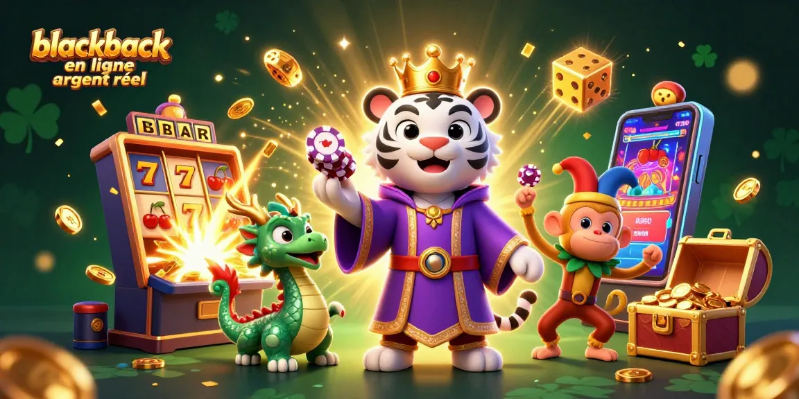 Jouez au blackjack en ligne argent réel avec des personnages colorés dans un casino animé.