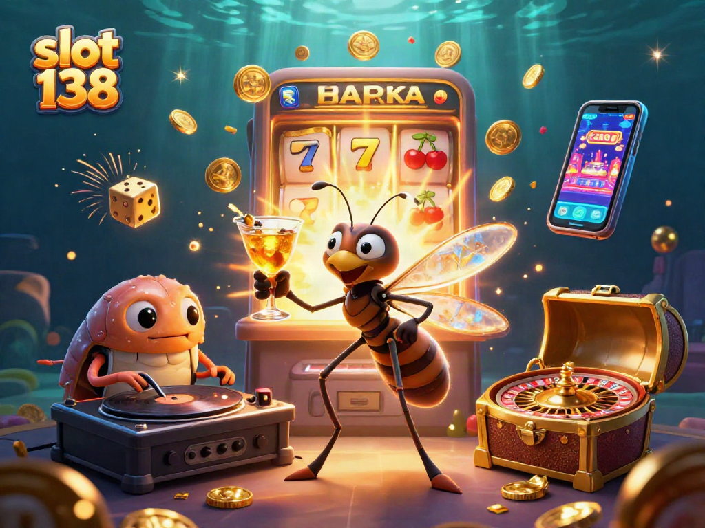 Spin the reels with slot 138 as a vibrant casino scene features charming characters and jackpots.