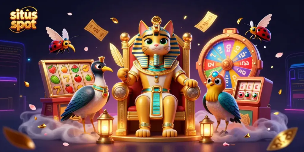 Engage with the stunning scene of situs slot featuring a pharaoh cat and vivid slot elements in a mystical atmosphere.