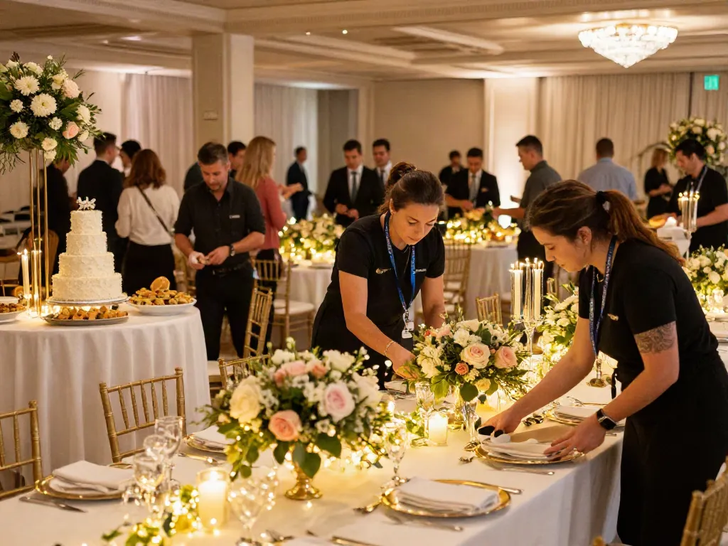 Event rentals setup for a wedding reception with tables, flowers, and lighting.