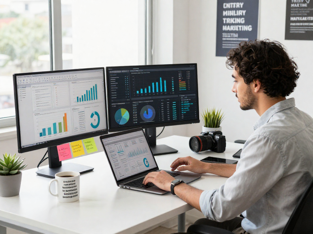 Data analyst working on crushon digital marketing strategies in a bright modern office.