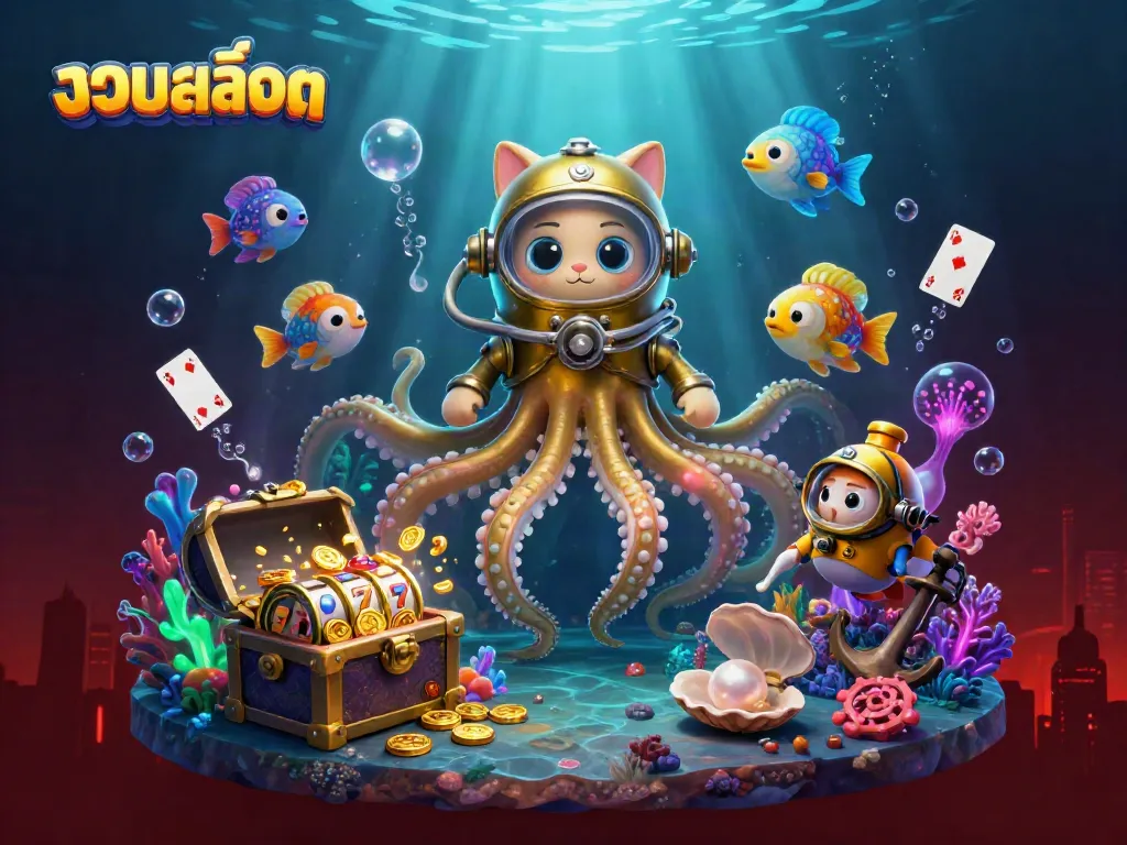 Engage with รวมสล็อต amidst a vibrant 3D undersea culture, featuring a kraken, diving cat, and treasure.