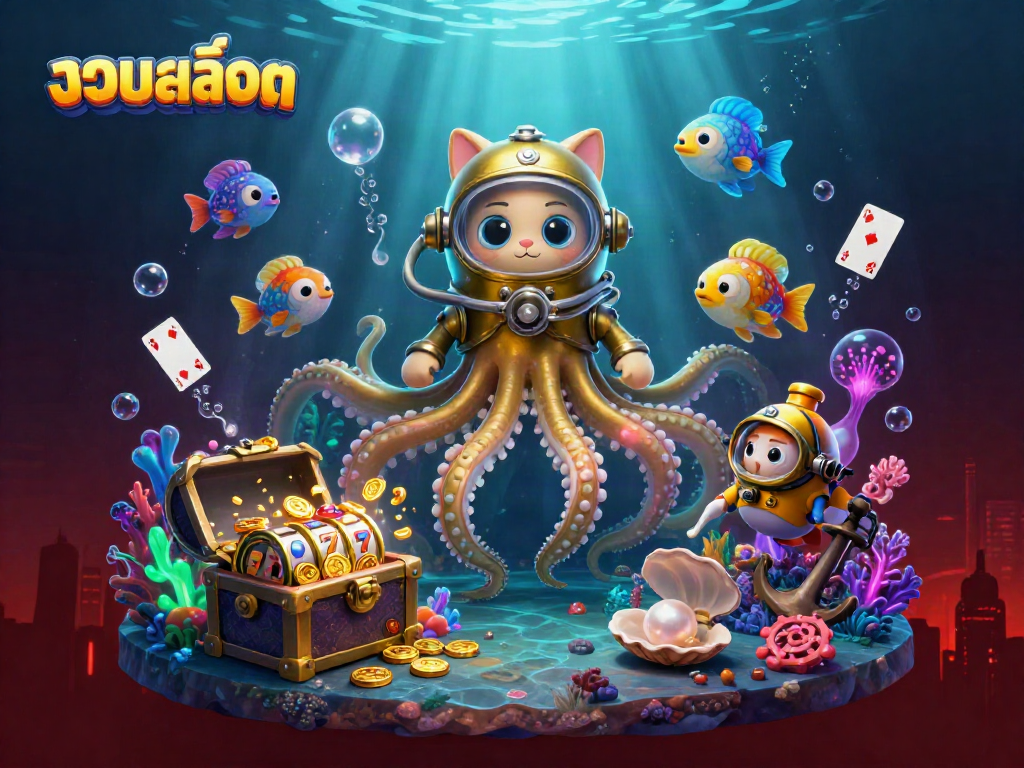 Engage with รวมสล็อต amidst a vibrant 3D undersea culture, featuring a kraken, diving cat, and treasure.