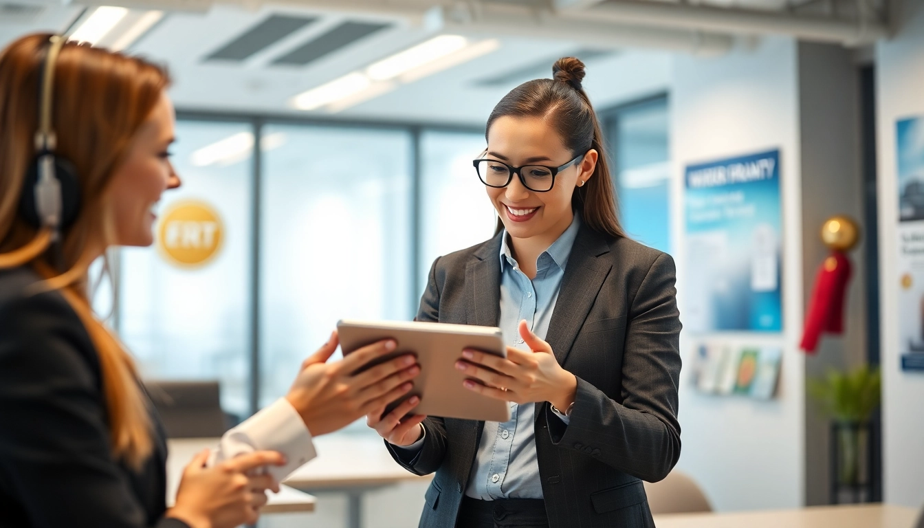 Engaging scene showcasing a digital first warranty company representative assisting clients in a modern office.