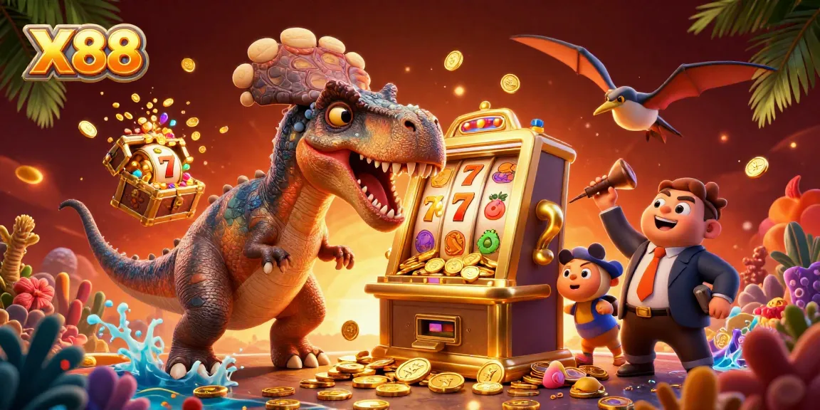 X88 activates a golden jackpot slot machine as a pteranodon catches flying coins in a vibrant casino scene.