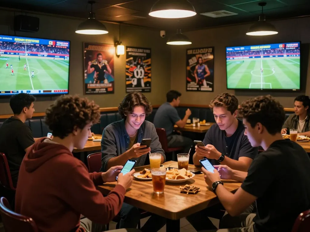 Cakhiatv sports betting scene with friends discussing odds and using smartphones in a lively sports bar.