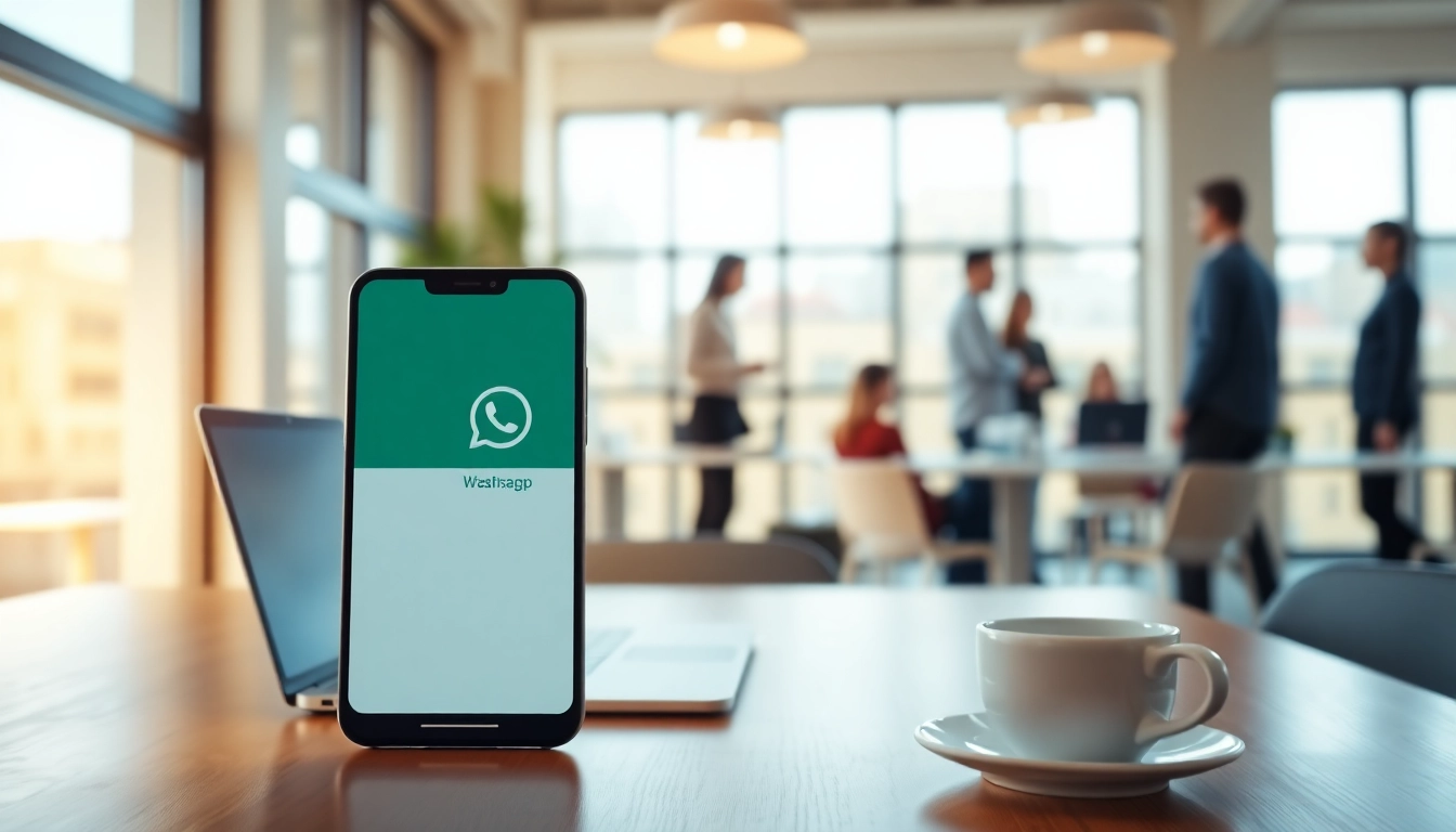 Utilize WhatsApp Business CRM on a smartphone within a modern office setting.