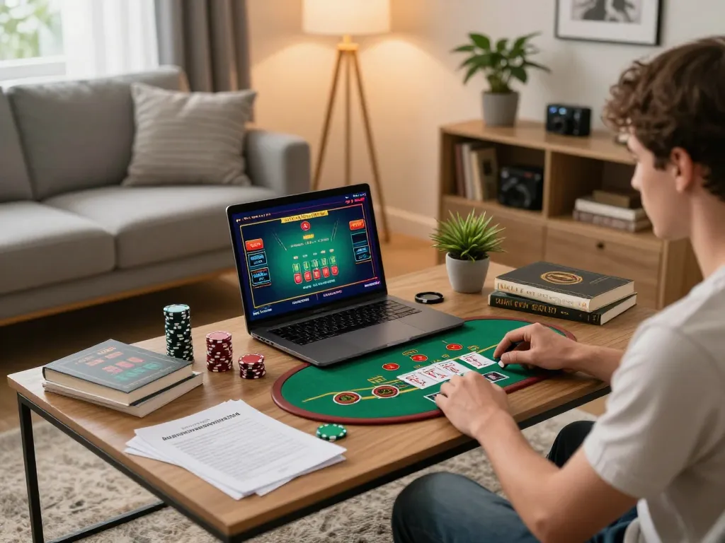 Engaging in online blackjack at https://o8.hair/ with strategic notes and cozy atmosphere.