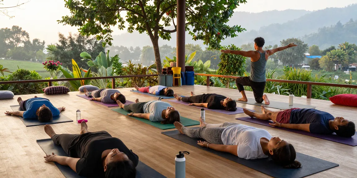 Students engaging in hatha yoga courses at Adhiroha Ashram, Rishikesh, surrounded by serene nature and guided by an instructor.