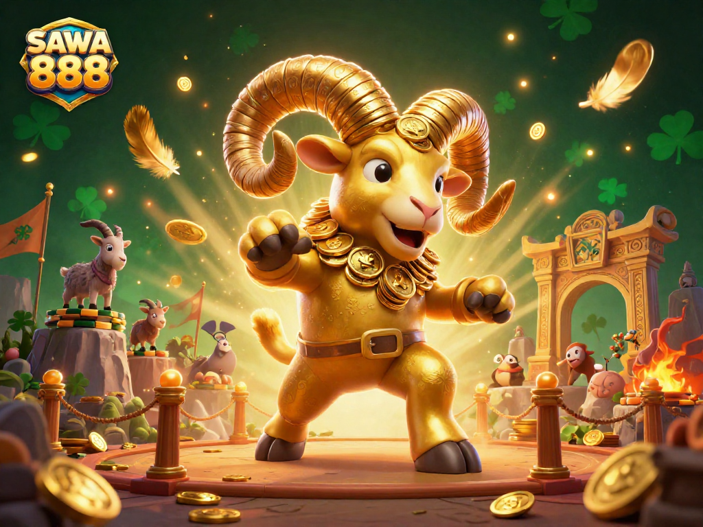 Experience the excitement of SAWA 888 with a golden ram and dynamic gaming elements in a vibrant casino scene.