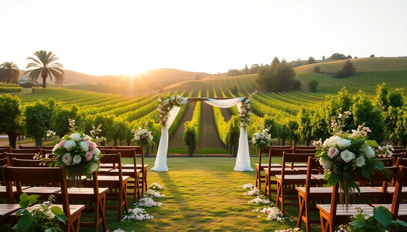 Stunning wedding venue California adorned with floral decor and vineyard backdrop.