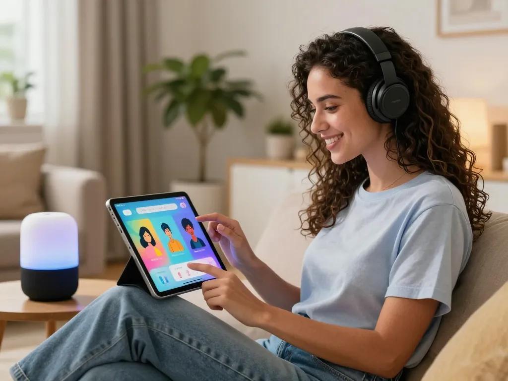 Young woman engaging with her AI girlfriend on a tablet in a cozy, modern living room.