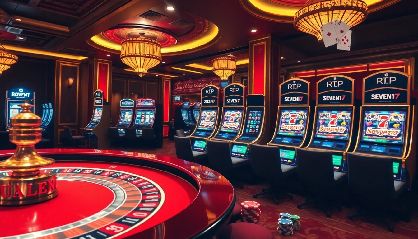 Experience the thrilling atmosphere of rtp seven77 as players engage with vibrant slot machines at a luxurious casino.