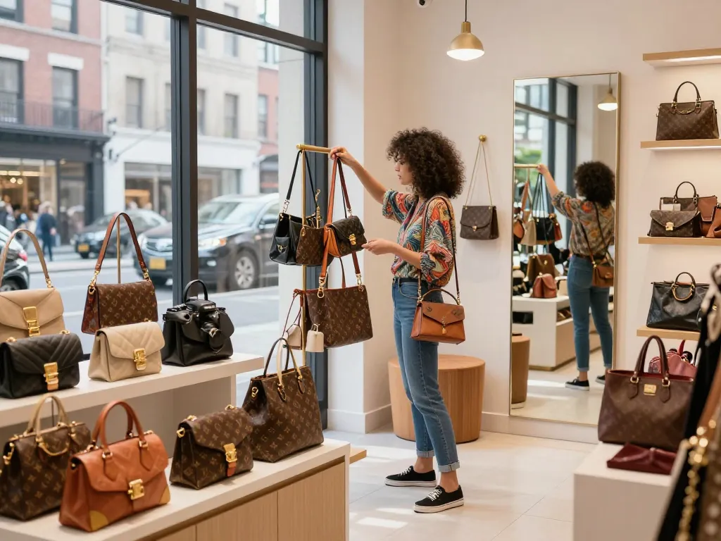 Shopper exploring high-quality 레플리카 사이트 offerings at a trendy urban boutique, surrounded by stylish designer replicas.