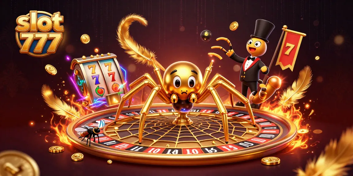 Experience slot 777 excitement with a dynamic scene including a golden spider and animated betting elements.