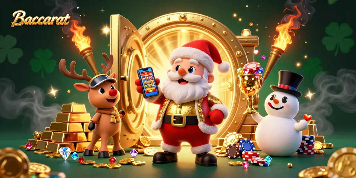 Experience Baccarat thrills with a festive Santa, reindeer dealer, and poker chip snowman amid jackpot elements.