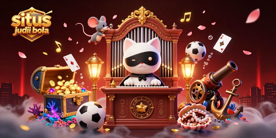 Join the excitement of situs judi bola in a vibrant casino scene with animated characters and sports elements.