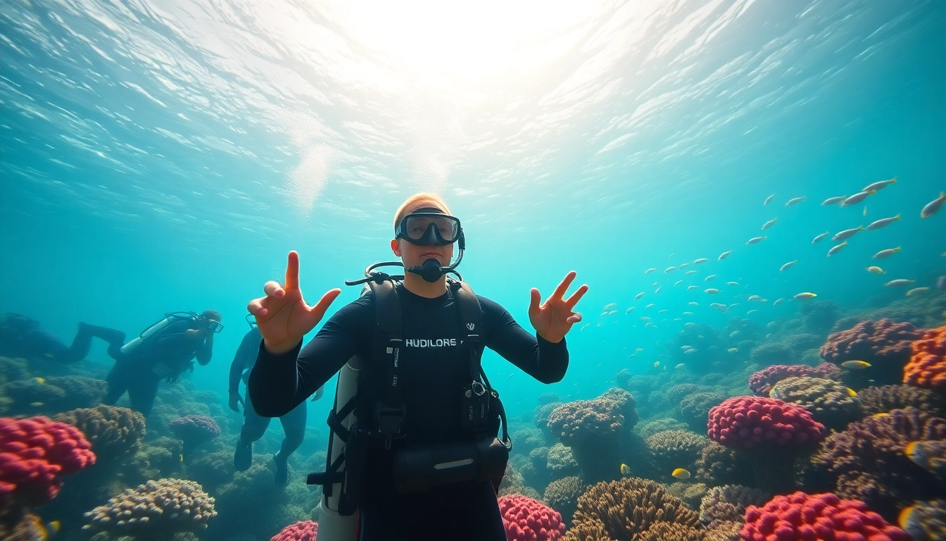 Scuba instructor teaching SSI Open Water Diver Kurs underwater with marine life.
