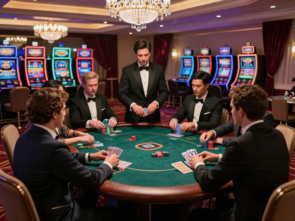 XIBET players engaged in a high-stakes poker game in a luxurious casino suite.