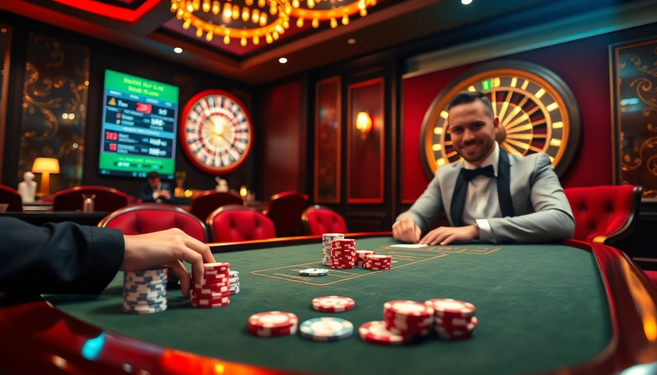 Vivez des moments palpitants à une table de poker de casino en ligne Français luxueuse avec des jetons et des cartes vibrants.