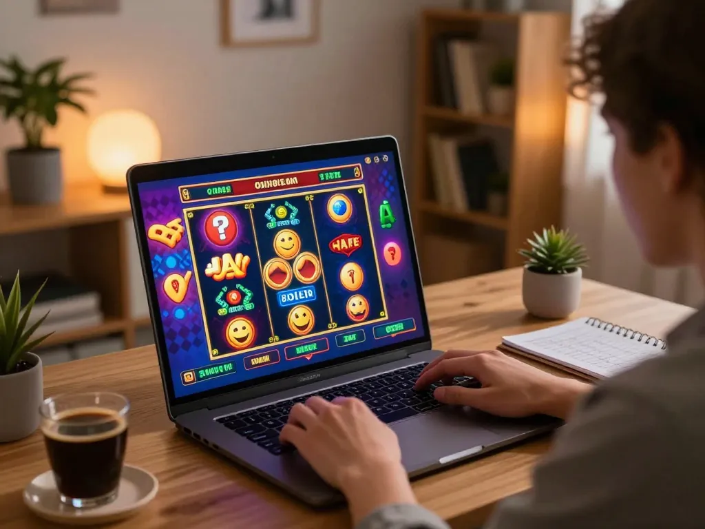 Engaged player spinning online slot reels on laptop at home with strategic notes nearby.