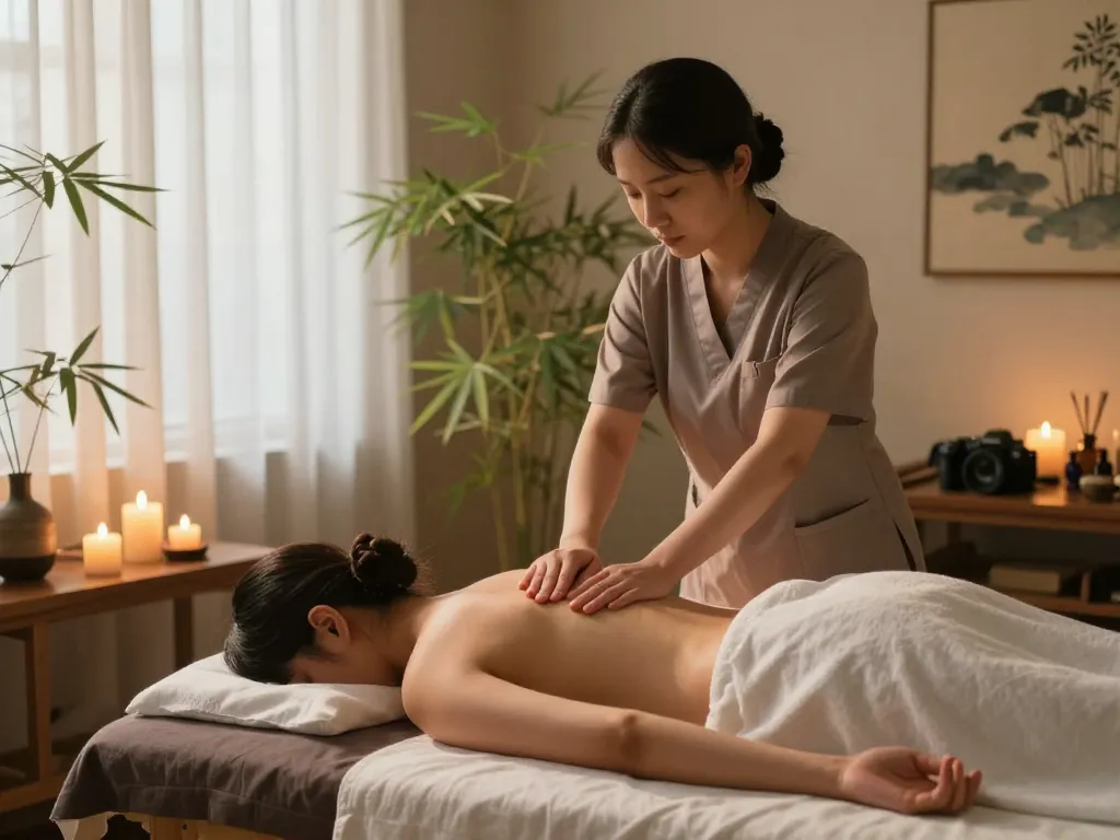 Calming 부전동마사지 session in a soothing spa environment with warm lighting and relaxing atmosphere.