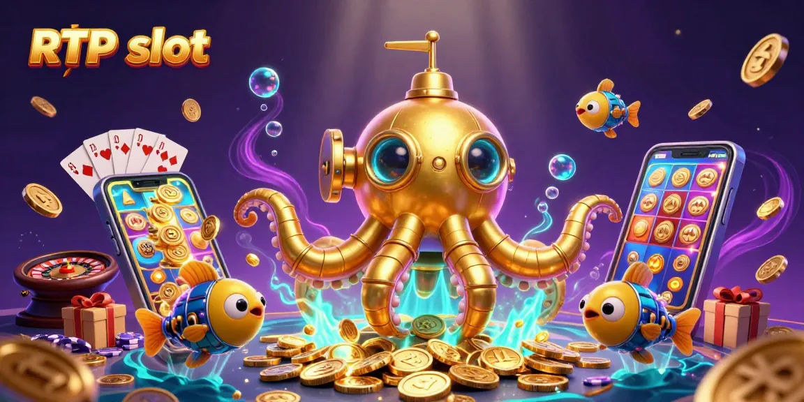 Experience the excitement of RTP slot games with golden kraken submarine surfacing through coins in a dynamic casino scene.