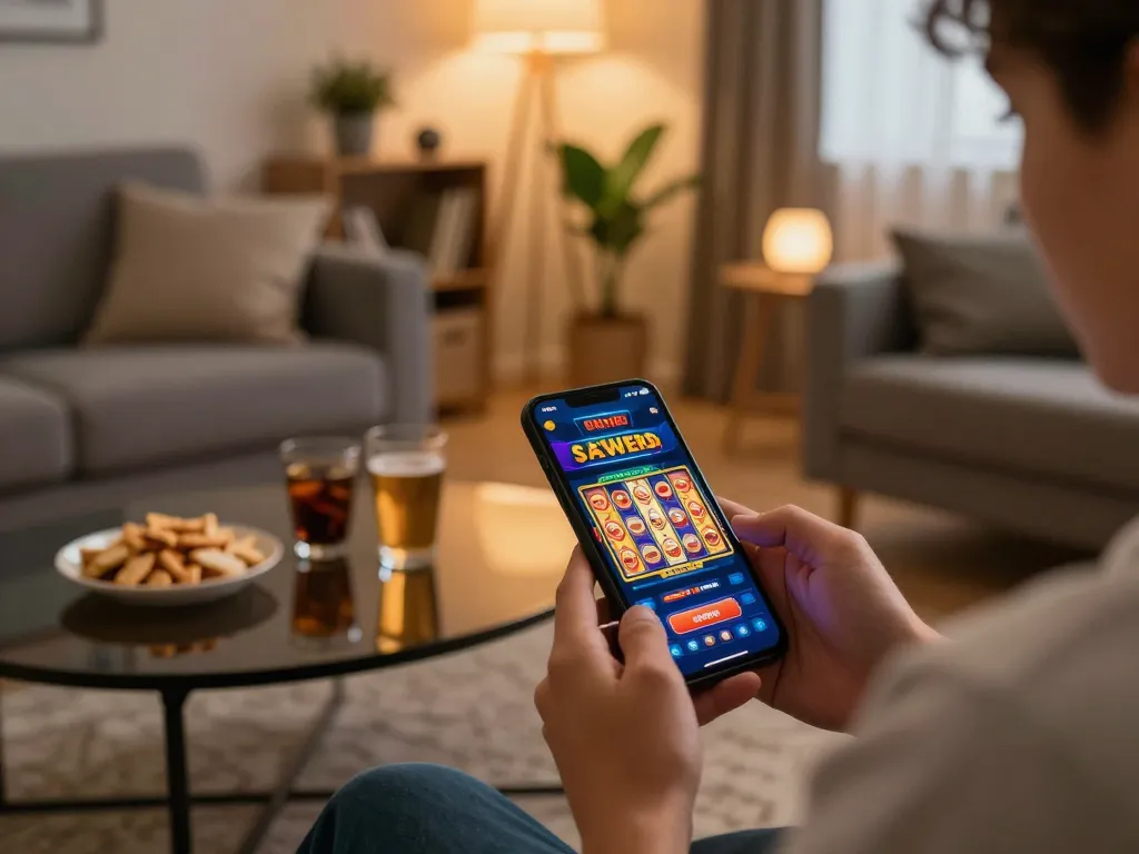 Playing a game on slot server thailand mobile app in a cozy living room.