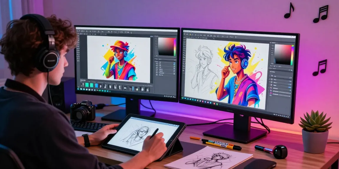 Artist engaged in AI nsfw content creation at a colorful digital art studio