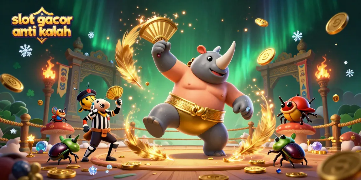 Experience the excitement of slot gacor anti kalah with a dynamic casino illustration filled with gold coins and vibrant characters.