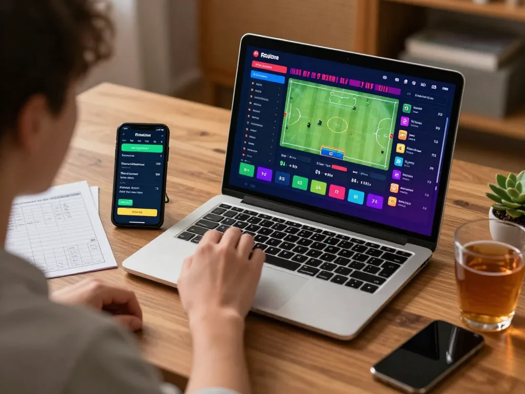 Engaging online betting session featuring 388bet app on laptop, focused user with strategy notes.