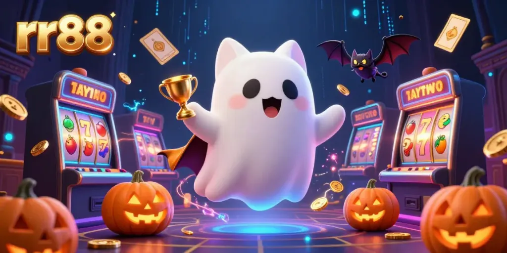Engage with the thrilling world of rr88, where a ghost cat and vampire bat navigate a haunted casino filled with slots and gold coins.
