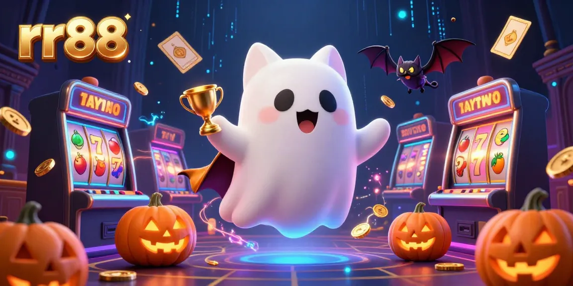 Engage with the thrilling world of rr88, where a ghost cat and vampire bat navigate a haunted casino filled with slots and gold coins.