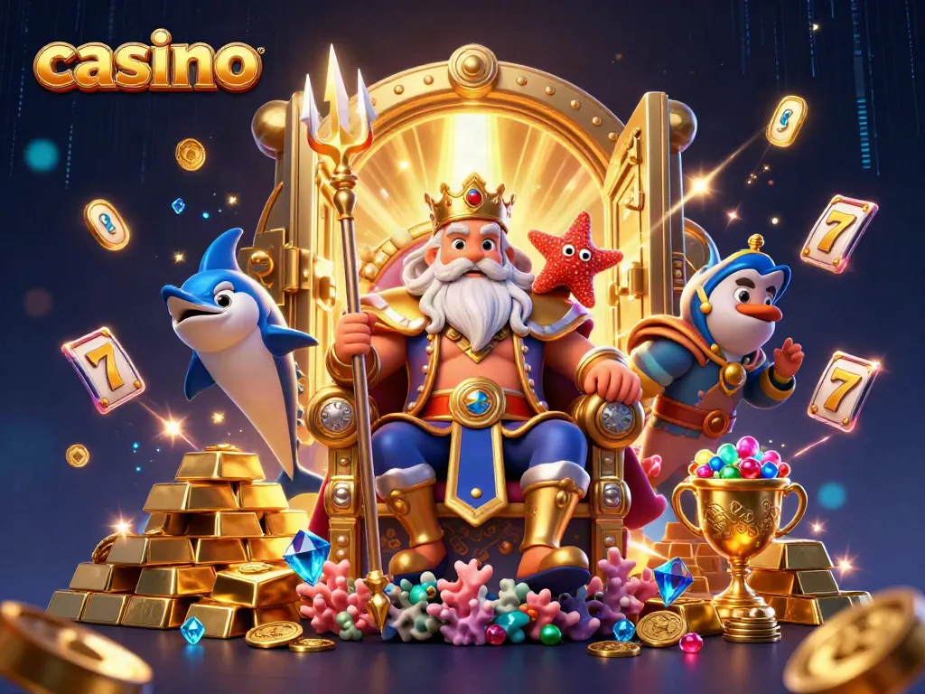 Engage with the vibrant casino scene featuring Neptune and treasures, symbolizing gaming excitement.