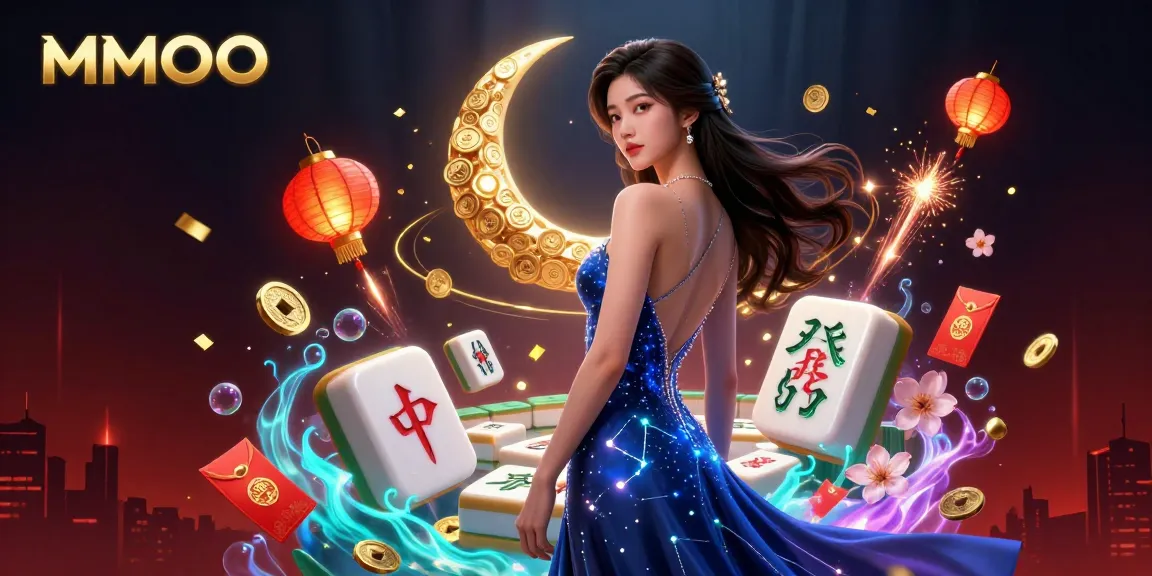 Engage with MMOO Casino's vibrant atmosphere featuring lucky symbols and a stunning Asian beauty.