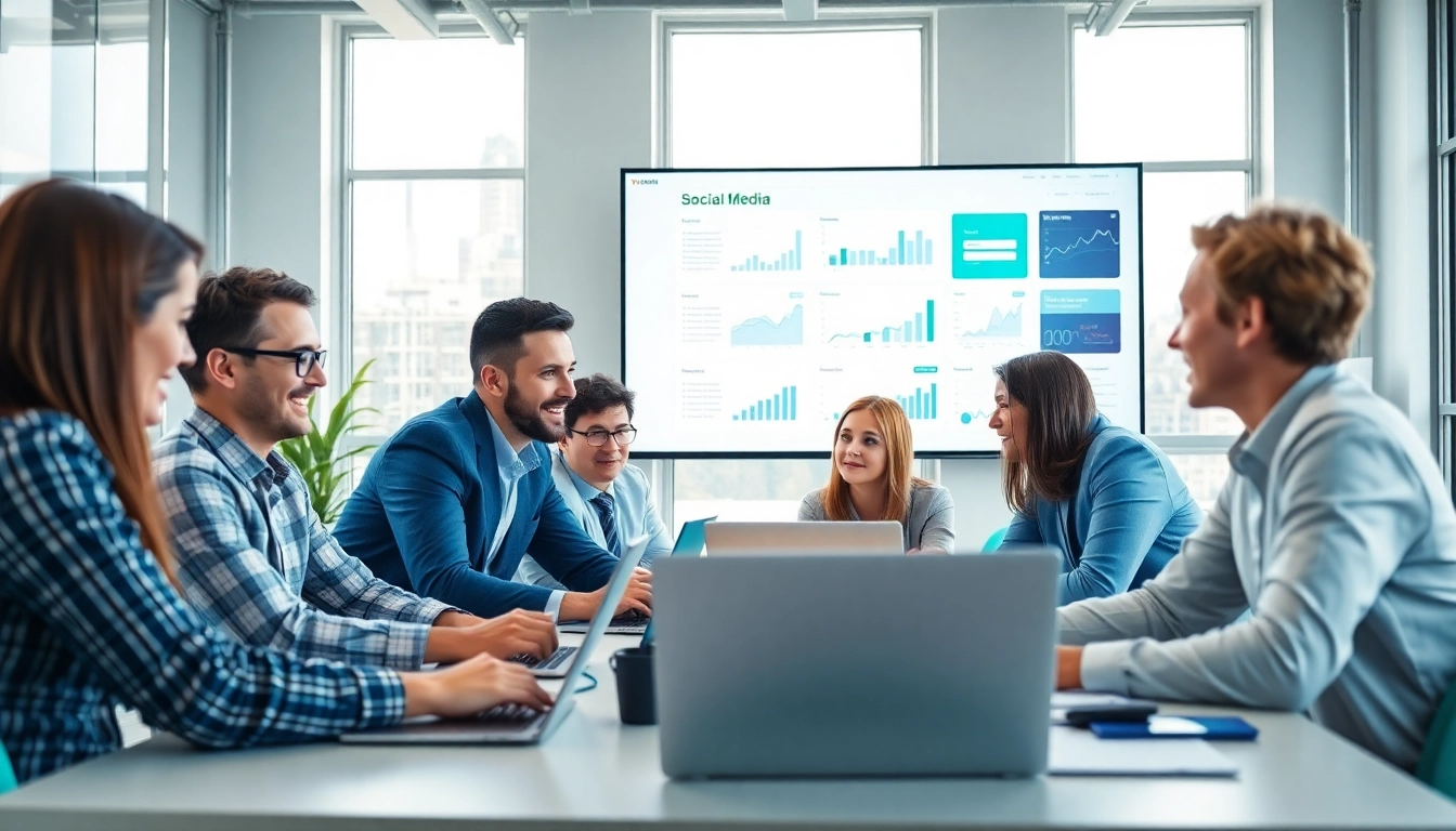 Collaboration in a social media agency featuring analytics on screen