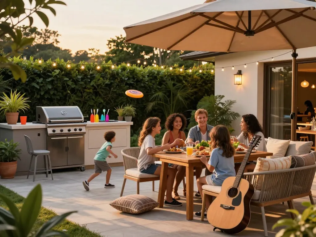 Outdoor living configurator for creating beautiful patios with families enjoying meal and play.