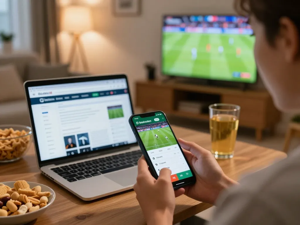 Engaging with sports betting app on smartphone as the person enjoys the experience of siti di scommesse stranieri in a cozy home setting.