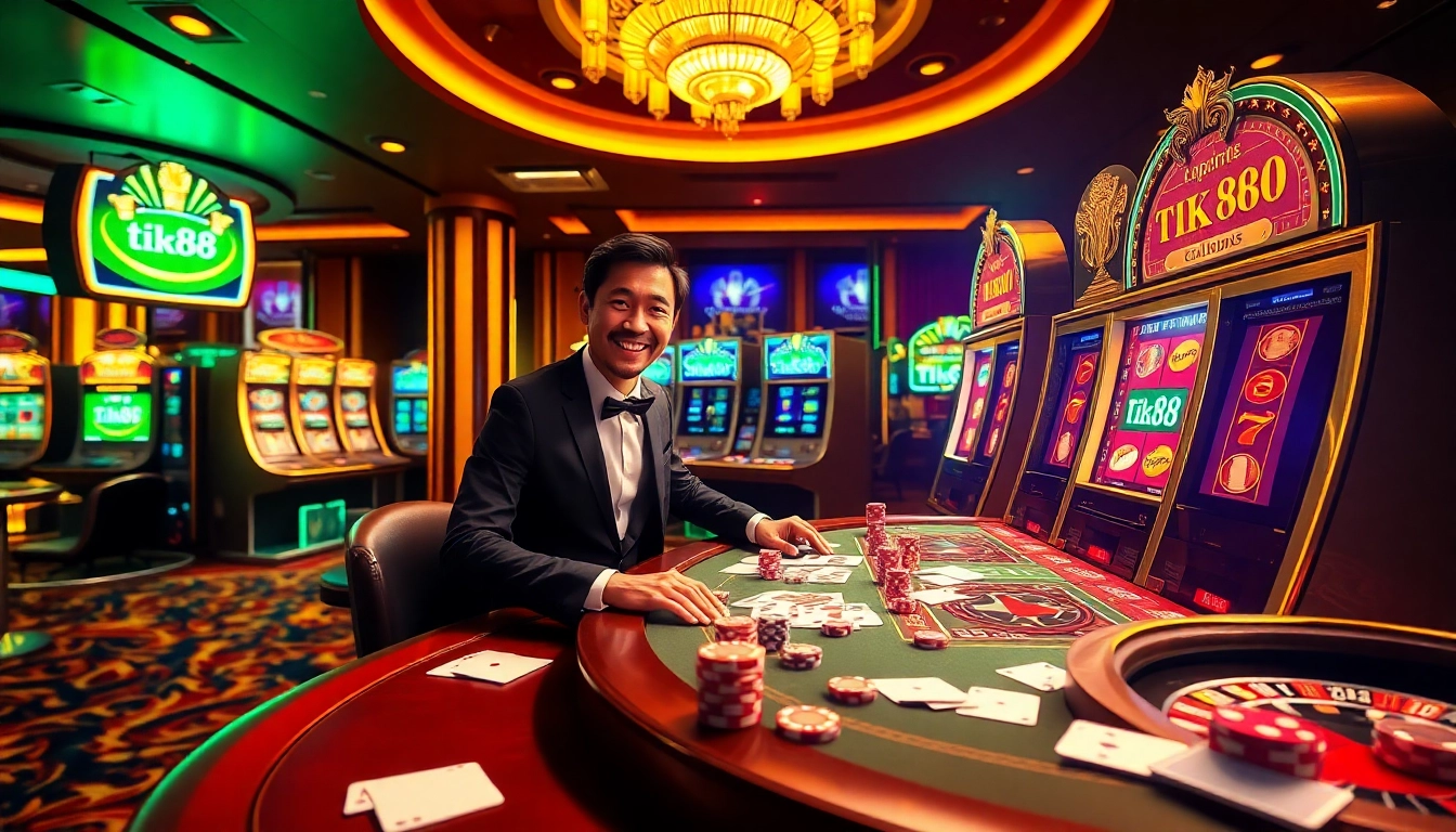 Người chơi say mê tận hưởng khoảnh khắc chiến thắng tại máy xèng Tik88 trong một casino sang trọng.
