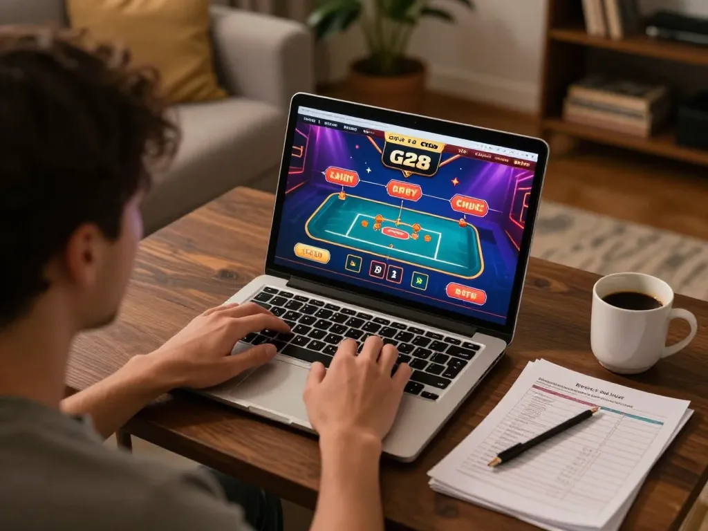 Player immersed in online gaming with g28 com interface on screen, showcasing responsible gambling strategies.