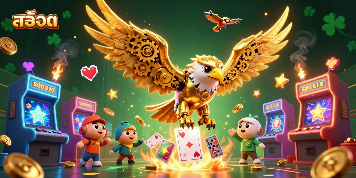 Spin the reels with สล็อต, featuring a golden eagle soaring through vibrant casino-themed elements.