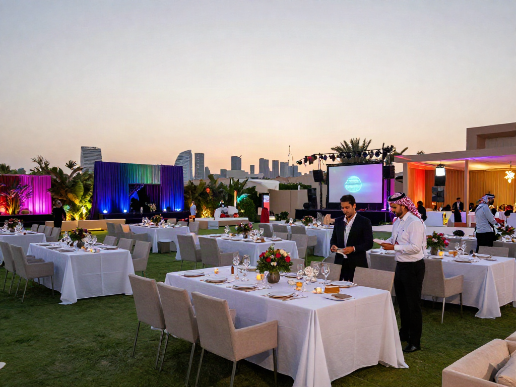 Event rentals setup featuring elegant tables and decorative elements in a luxurious outdoor venue.
